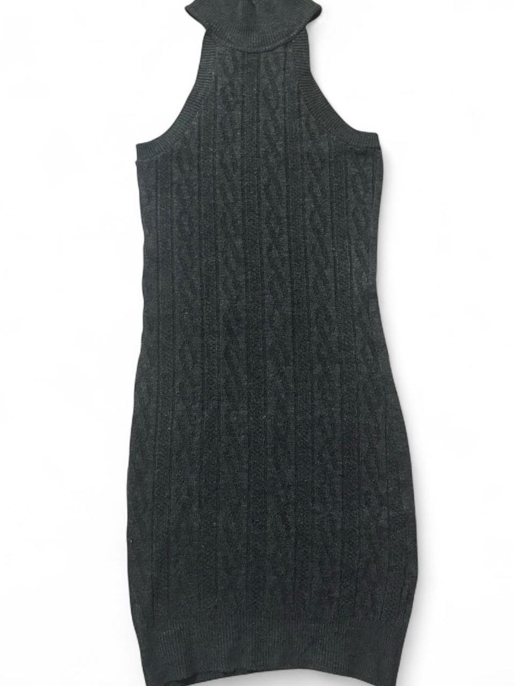 Sleeveless Charcoal Grey Cable-Knit Turtleneck Dress